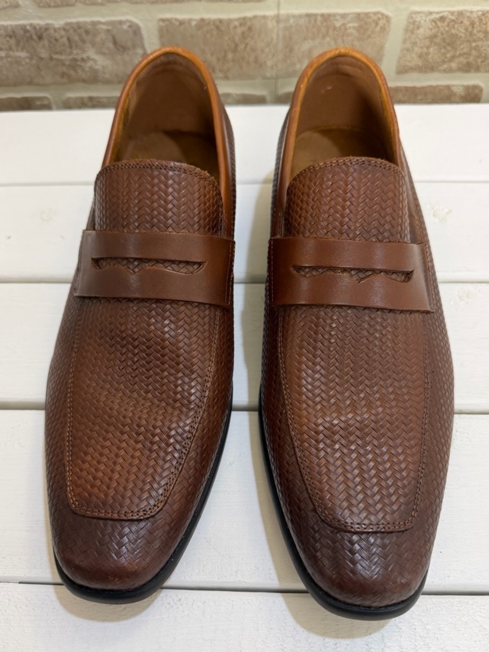 Florsheim Rucci Weave Penny Loafers Mens 8D Cognac Leather Moc Toe - Picture 3 of 11